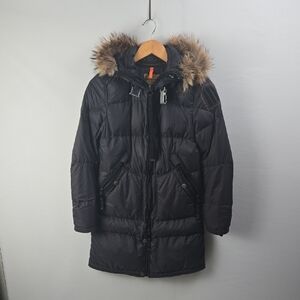PJS Parajumpers Women's Black Long Down Coat with Removable Fur Hood Trim Sz XS